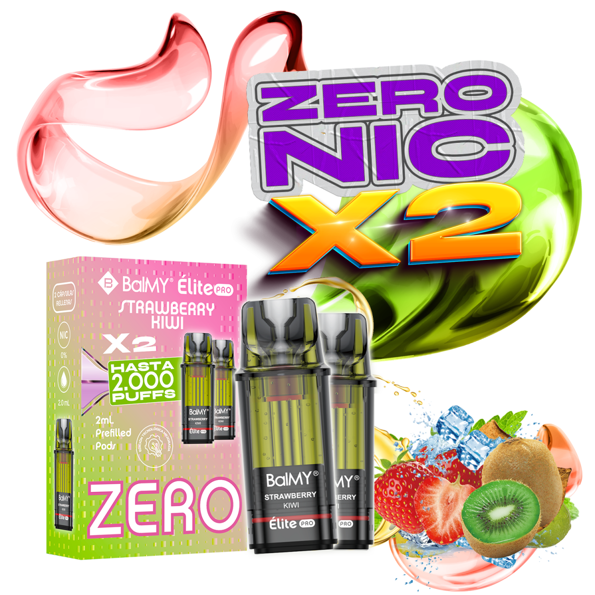 Pack x2 Cápsulas Balmy Elite Pro Fresa Kiwi 0% sin nicotina